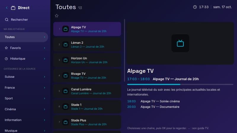 YapTV sur une TV : la liste des chaînes, le programme en cours et la suite de la soirée